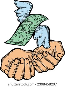 Big dollars banknotes money in your hands. Finance business, commerce, payment economy  theme for poster print, vector elements. Take or give loan. Hand drawn illustration. Cartoon style drawing.