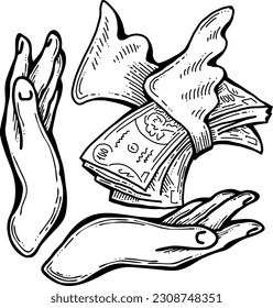 Big dollars banknotes money in your hands. Finance business, commerce, payment economy  theme for poster print, vector elements. Take or give loan. Hand drawn illustration. Cartoon style drawing.
