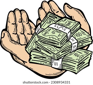 Big dollars banknotes money in your hands. Finance business, commerce, payment economy  theme for poster print, vector elements. Take or give loan. Hand drawn illustration. Cartoon style drawing.