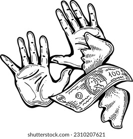 Big dollars banknotes money in your hands. Finance business, commerce, payment economy  theme for poster print, vector elements. Take or give loan. Hand drawn illustration. Cartoon style drawing.