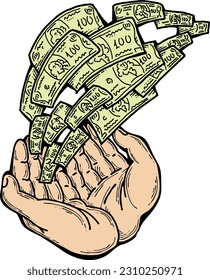 Big dollars banknotes money in your hands. Finance business, commerce, payment economy  theme for poster print, vector elements. Take or give loan. Hand drawn illustration. Cartoon style drawing.
