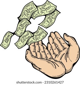 Big dollars banknotes money in your hands. Finance business, commerce, payment economy  theme for poster print, vector elements. Take or give loan. Hand drawn illustration. Cartoon style drawing.