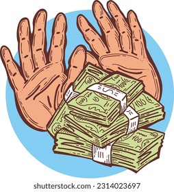 Big dollars banknotes money in your hands. Finance business, commerce, payment economy  theme for poster print, vector elements. Take or give loan. Hand drawn illustration. Cartoon style drawing.