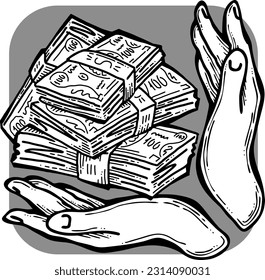 Big dollars banknotes money in your hands. Finance business, commerce, payment economy  theme for poster print, vector elements. Take or give loan. Hand drawn illustration. Cartoon style drawing.