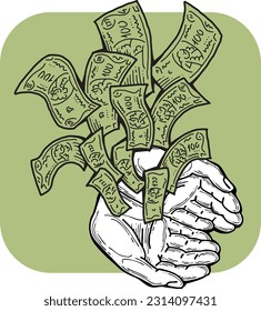 Big dollars banknotes money in your hands. Finance business, commerce, payment economy  theme for poster print, vector elements. Take or give loan. Hand drawn illustration. Cartoon style drawing.