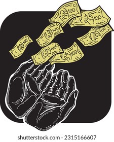 Grandes dólares billetes dinero en tus manos. Negocios de finanzas, comercio, economía de pagos tema para la impresión de afiches, elementos vectores. Toma o presta un préstamo. Ilustración dibujada a mano. Dibujo al estilo de la caricatura.