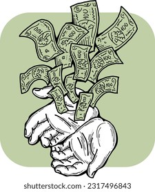 Big dollars banknotes money in your hands. Finance business, commerce, payment economy  theme for poster print, vector elements. Take or give loan. Hand drawn illustration. Cartoon style drawing.