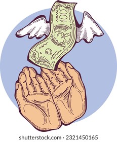 Big dollars banknotes money in your hands. Finance business, commerce, payment economy  theme for poster print, vector elements. Take or give loan. Hand drawn illustration. Cartoon style drawing.