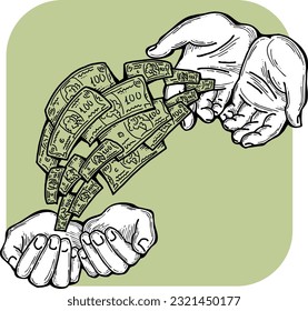 Big dollars banknotes money in your hands. Finance business, commerce, payment economy  theme for poster print, vector elements. Take or give loan. Hand drawn illustration. Cartoon style drawing.