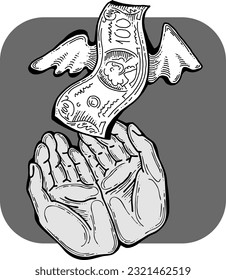 Große Dollar Banknoten Geld in Ihren Händen. Finanzgeschäft, Handel, Zahlungsökonomie Thema für Plakatdruck, Vektorelemente. Nehmen Sie ein Darlehen oder geben Sie es. Handgezeichnete Illustration. Zeichnen im Cartoon-Stil.