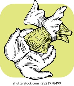 Big dollars banknotes money in your hands. Finance business, commerce, payment economy  theme for poster print, vector elements. Take or give loan. Hand drawn illustration. Cartoon style drawing.