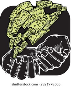 Grandes dólares billetes dinero en tus manos. Negocios de finanzas, comercio, economía de pagos tema para la impresión de afiches, elementos vectores. Toma o presta un préstamo. Ilustración dibujada a mano. Dibujo al estilo de la caricatura.