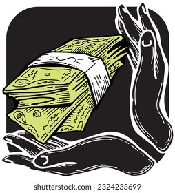 Big dollars banknotes money in your hands. Finance business, commerce, payment economy  theme for poster print, vector elements. Take or give loan. Hand drawn illustration. Cartoon style drawing.