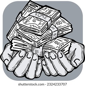 Big dollars banknotes money in your hands. Finance business, commerce, payment economy  theme for poster print, vector elements. Take or give loan. Hand drawn illustration. Cartoon style drawing.