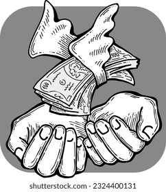 Große Dollar Banknoten Geld in Ihren Händen. Finanzgeschäft, Handel, Zahlungsökonomie Thema für Plakatdruck, Vektorelemente. Nehmen Sie ein Darlehen oder geben Sie es. Handgezeichnete Illustration. Zeichnen im Cartoon-Stil.