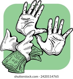 Big dollars banknotes money in your hands. Finance business, commerce, payment economy  theme for poster print, vector elements. Take or give loan. Hand drawn illustration. Cartoon style drawing.