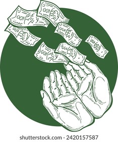Big dollars banknotes money in your hands. Finance business, commerce, payment economy  theme for poster print, vector elements. Take or give loan. Hand drawn illustration. Cartoon style drawing.
