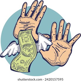 Big dollars banknotes money in your hands. Finance business, commerce, payment economy  theme for poster print, vector elements. Take or give loan. Hand drawn illustration. Cartoon style drawing.
