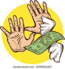 Big dollars banknotes money in your hands. Finance business, commerce, payment economy  theme for poster print, vector elements. Take or give loan. Hand drawn illustration. Cartoon style drawing.