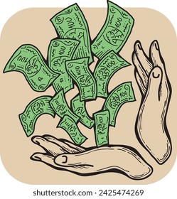 Big dollars banknotes money in your hands. Finance business, commerce, payment economy  theme for poster print, vector elements. Take or give loan. Hand drawn illustration. Cartoon style drawing.