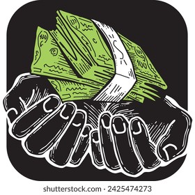 Big dollars banknotes money in your hands. Finance business, commerce, payment economy  theme for poster print, vector elements. Take or give loan. Hand drawn illustration. Cartoon style drawing.