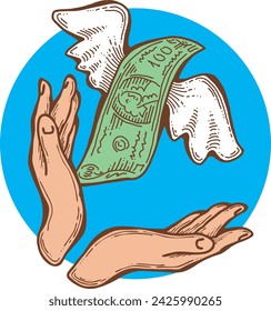 Big dollars banknotes money in your hands. Finance business, commerce, payment economy  theme for poster print, vector elements. Take or give loan. Hand drawn illustration. Cartoon style drawing.
