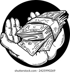 Big dollars banknotes money in your hands. Finance business, commerce, payment economy  theme for poster print, vector elements. Take or give loan. Hand drawn illustration. Cartoon style drawing.