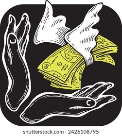 Big dollars banknotes money in your hands. Finance business, commerce, payment economy  theme for poster print, vector elements. Take or give loan. Hand drawn illustration. Cartoon style drawing.