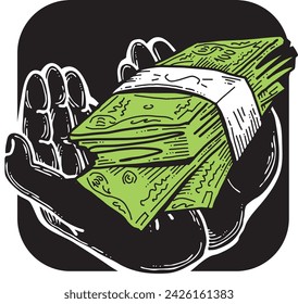 Big dollars banknotes money in your hands. Finance business, commerce, payment economy  theme for poster print, vector elements. Take or give loan. Hand drawn illustration. Cartoon style drawing.