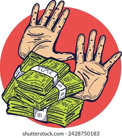 Big dollars banknotes money in your hands. Finance business, commerce, payment economy  theme for poster print, vector elements. Take or give loan. Hand drawn illustration. Cartoon style drawing.