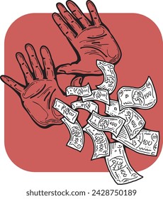 Sie halten große Dollarbanknoten in Ihren Händen. Finance Business, Commerce, Payment Economy Thema für Posterdruck, Vektor-Elemente. Nimm oder leihe. Handgezeichnete Illustration. Zeichentrickstil.