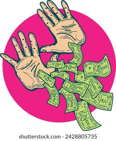 Big dollars banknotes money in your hands. Finance business, commerce, payment economy  theme for poster print, vector elements. Take or give loan. Hand drawn illustration. Cartoon style drawing.