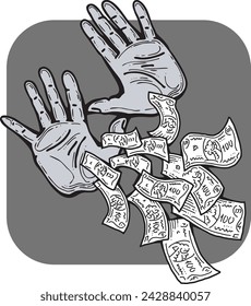 Big dollars banknotes money in your hands. Finance business, commerce, payment economy  theme for poster print, vector elements. Take or give loan. Hand drawn illustration. Cartoon style drawing.