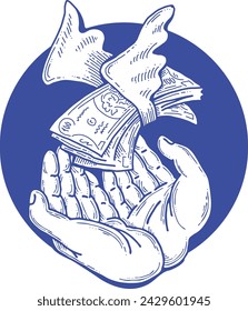 Billetes grandes de dólares y dinero en tus manos. Negocios financieros, comercio, economía de pago tema para el cartel impreso, elementos vectoriales. Toma o presta. Dibujado a mano ilustración. Dibujo de dibujos animados.