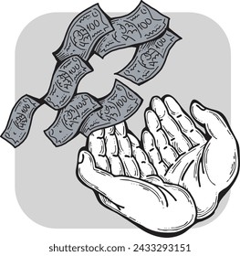 Billetes grandes de dólares y dinero en tus manos. Negocios financieros, comercio, economía de pago tema para el cartel impreso, elementos vectoriales. Toma o presta. Dibujado a mano ilustración. Dibujo de dibujos animados.