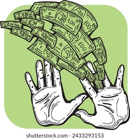 Big dollars banknotes money in your hands. Finance business, commerce, payment economy  theme for poster print, vector elements. Take or give loan. Hand drawn illustration. Cartoon style drawing.