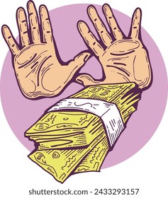 Billetes grandes de dólares y dinero en tus manos. Negocios financieros, comercio, economía de pago tema para el cartel impreso, elementos vectoriales. Toma o presta. Dibujado a mano ilustración. Dibujo de dibujos animados.