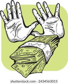 Big dollars banknotes money in your hands. Finance business, commerce, payment economy  theme for poster print, vector elements. Take or give loan. Hand drawn illustration. Cartoon style drawing.