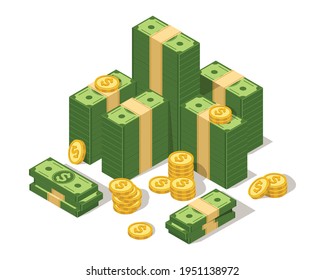 Big dollars stack. Money cash pile and coins, american green bucks stack. Usd currency. Wealth, lottery and economy isometric vector concept. Large jackpot or fortune. Financial profit