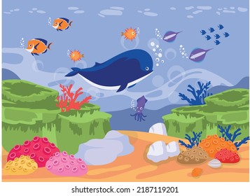 big dolphin under the blue ocean concept vector icon design, wildlife seabed scenery symbol, Tropical Sea Under Water Surface stock illustration, 