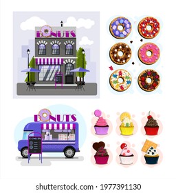Big donut set. Donuts cafe exterior vector illustration. Flat design of facade. Street food truck with doughnuts. Vector cartoon illustration of a pastry shop on wheels. Bakery desserts shop.