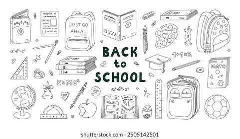 Gran doodle de vuelta a la escuela conjunto con útiles escolares para niños. Dibujado a mano colección de mochila, libro de texto, globo, papelería linda, balón de fútbol. Clipart de contorno infantil para estudio, dibujo, trabajo aislado.