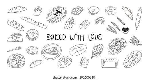 Big Doodle Bakery And Pastry Set. Various Traditional American, Italian, Belgian, German, Spanish Bakery, Desserts And Pastry. Vector Hand-drawn Isolated Illustration.