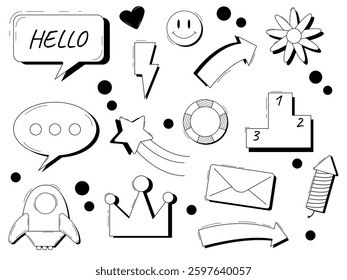 Big doodle bubble set with various icons
Vector doodle set with icons arrow, crown, flower, smiley on white background