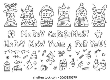 Big doodle Christmas set. Hand lettering, cute animals in hats, sweaters and different holiday winter objects. Vector illustration.Doodle style. Vector illustration.