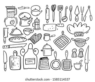 Big doodle collection set kitchen tools objects. Vector illustration in cartoon style. Black ink. Isolated on white background.