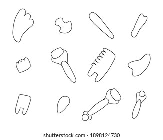 Big doodle or coloring gua sha scraper, face rollers, massager set. Self-care, facial anti-aging spa tools. Vector isolated illustration.