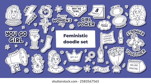 Big doodle Girl Power sticker set for planners, notebooks. Ready for print list of cute stickers with outline clipart of sisterhood, gender equality, women community and motivational lettering.