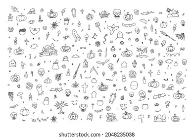 Big Doodle Happy Halloween set. Hand-drawn ghost, pumpkin, candles, skulls, bat on white background. Cute scary horror characters banner for fall holidays, Day of the Dead. Vector cartoon illustration