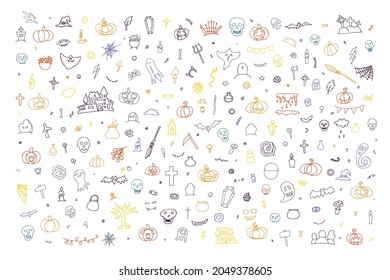 Big Doodle Happy Halloween set. Hand-drawn ghost, pumpkin, candles, skulls, bat on white background. Cute scary horror characters banner for fall holidays, Day of the Dead. Vector color illustration